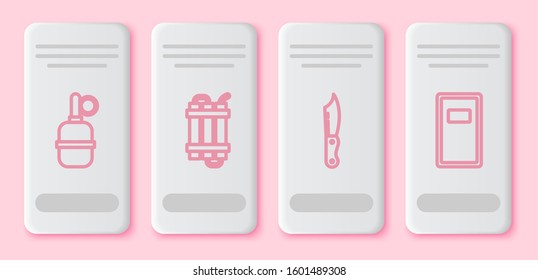 Set line Hand grenade , Detonate dynamite bomb stick, Military knife  and Police assault shield . White rectangle button. Vector