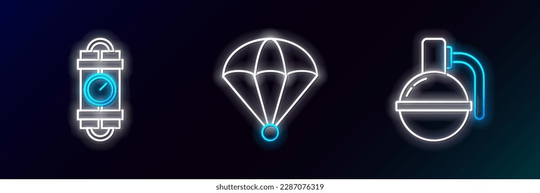 Fijar la granada de mano, el reloj de cronómetro de la barra dinamita de la detonación y el icono de paracaídas. Neón brillante. Vector