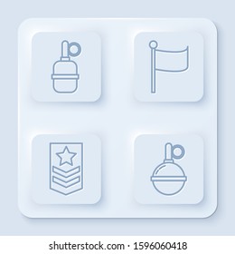 Set line Hand grenade , Flag , Chevron  and Hand grenade . White square button. Vector