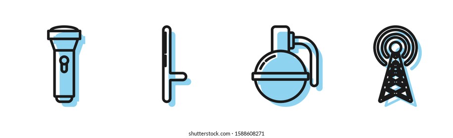 Set line Hand grenade , Flashlight , Police rubber baton  and Radar  icon. Vector