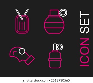 Set line Hand grenade, Gas mask,  and Military dog tag icon. Vector