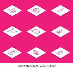Set line Hand grenade, Gas mask, Military knife, Flag, helmet, Walkie talkie, Chevron and tank icon. Vector