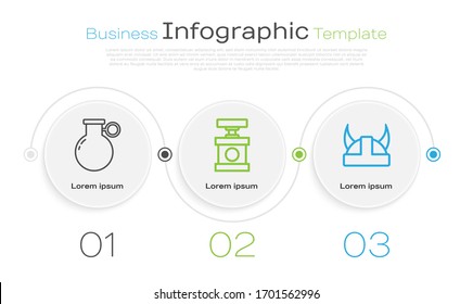 Set line Hand grenade, Handle detonator for dynamite and Viking in horned helmet. Business infographic template. Vector