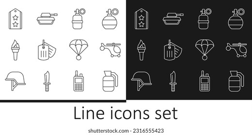 Set line Hand grenade, Helicopter, Military dog tag, Torch flame, rank, Parachute and tank icon. Vector