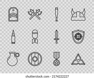 Set line Hand grenade, Japanese ninja shuriken, Baseball bat, Round wooden shield, Chevron, Aviation bomb, Military reward medal and Target sport icon. Vector