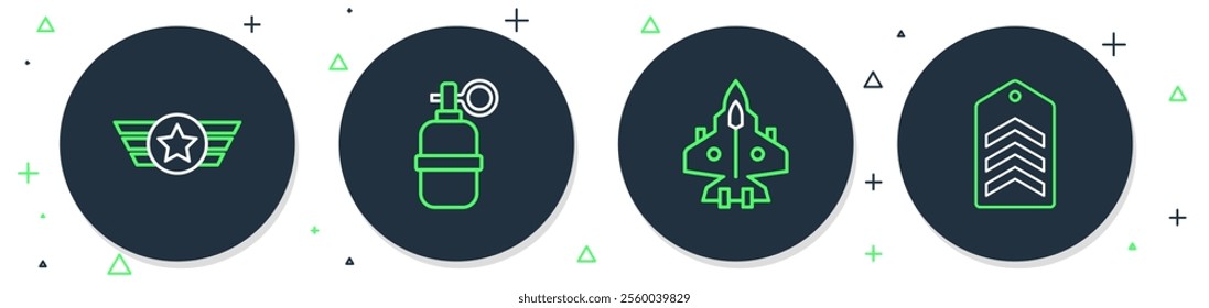 Set line Hand grenade, Jet fighter, Star American military and Chevron icon. Vector