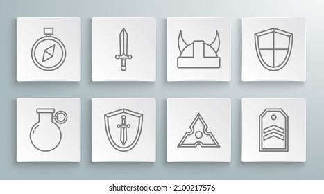 Set line Hand grenade, Medieval sword, shield with, Japanese ninja shuriken, Chevron, Viking horned helmet, Shield and Compass icon. Vector