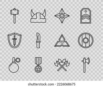 Set-Line Handgranate, mittelalterliche Axt, japanische Ninja-Shuriken, militärische Belohnungsmedaille, Rinderhammer, Messer, Mittelalterliche Äxte und Rundhölzerner Schild-Ikone. Vektorgrafik