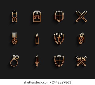 Granada de mano, Espada medieval, Bomba de aviación, Escudo, Cruzado medieval, Bala, reloj temporizador de palo de dinamita y escudo con icono. Vector
