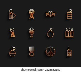 Set line Hand grenade, Military reward medal, dog tag, Peace, Walkie talkie, Human target sport for shooting, Bullet and Bomb ready to explode icon. Vector