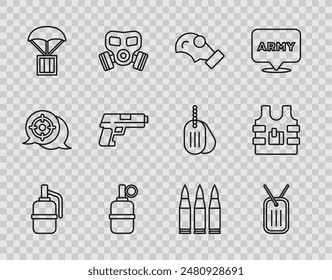Set line Hand grenade, Military dog tag, Gas mask, Airdrop box, Pistol or gun, Bullet and Bulletproof vest icon. Vector