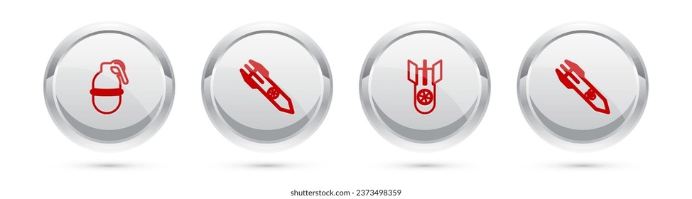 Fijar la línea Granada de mano, cohete nuclear, bomba y Bioriesgo. botón Círculo plateado. Vector
