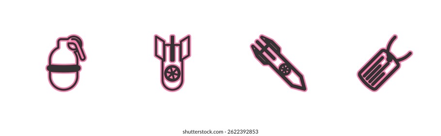 Set line Hand grenade, Nuclear rocket, bomb and Military dog tag icon. Vector