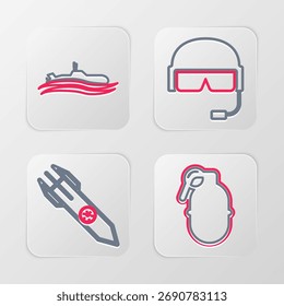 Set line Granada de mano, Cohete nuclear, Casco militar e icono de submarino. Vector