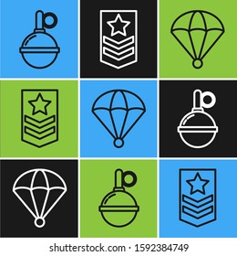 Set line Hand grenade , Parachute  and Chevron  icon. Vector