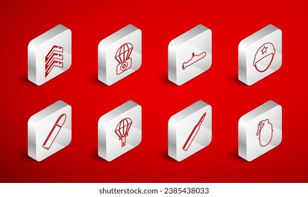 Set line Hand grenade, Parachute with first aid kit, Submarine, Military helmet, Bullet, rank,  and  icon. Vector