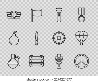 Set-Line Handgranate, Friede, Flashlight, Militärische Munition Box, Belohnungsmedaille, Messer, Menschlicher Zielsport zum Schießen und Parachute Ikone. Vektorgrafik