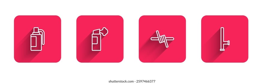 Set line Hand grenade, Pepper spray, Barbed wire and Police rubber baton with long shadow. Red square button. Vector