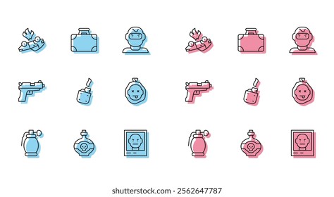 Set line Hand grenade, Poison in bottle, Burning car, Wanted poster, Lighter, Murder, Pistol or gun and Briefcase money icon. Vector