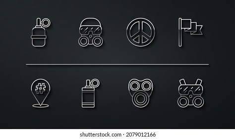 Set Line Hand Grenade, Protest, Location Marker, Gas Mask,  And Peace Icon. Vector