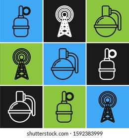 Set line Hand grenade , Hand grenade  and Radar  icon. Vector