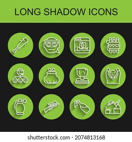 Set line Hand grenade, Sniper rifle with scope, Baseball bat nails, Cocktail molotov, Murder, Wallet, Thief surrendering hands up and Kidnaping icon. Vector