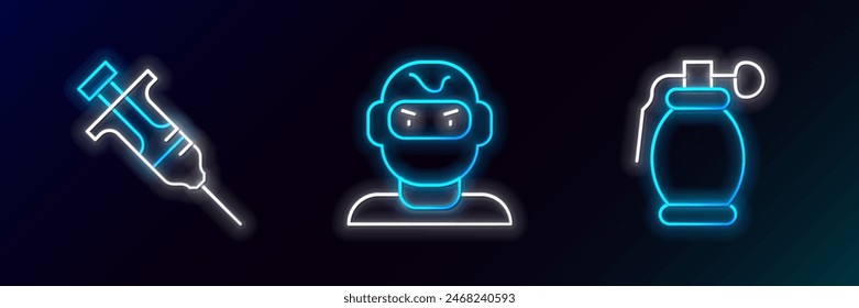 Set line Hand grenade, Syringe and Thief mask icon. Glowing neon. Vector