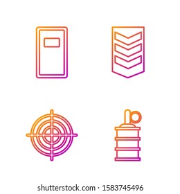 Set line Hand grenade , Target sport for shooting competition, Police assault shield  and Military rank . Gradient color icons. Vector