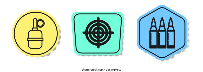 Set line Hand grenade , Target sport for shooting competition and Bullet . Colored shapes. Vector