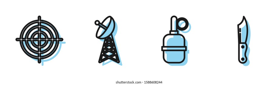 Set line Hand grenade , Target sport for shooting competition, Radar  and Military knife  icon. Vector