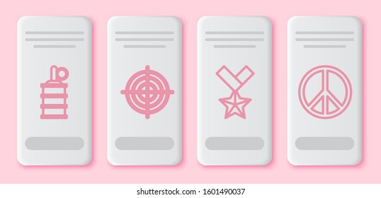 Set line Hand grenade , Target sport for shooting competition, Military reward medal  and Peace . White rectangle button. Vector