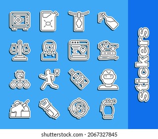 Set-Line Handgranate, Diebstahlmaske, Autodiebstahl, Geldwäsche, Skala der Gerechtigkeit, Safe-und System-Fehlersymbol. Vektorgrafik