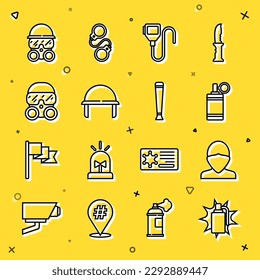 Fijar línea Granada de mano, Vandal, Walkie talkie, casco militar, máscara de gas e ícono de bastón de goma de la policía. Vector