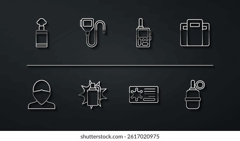 Set line Hand grenade, Vandal, Police assault shield, badge, Walkie talkie,  and  icon. Vector