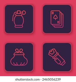 Set line Hand grenade, Wallet, Playing cards and Police electric shocker. Blue square button. Vector