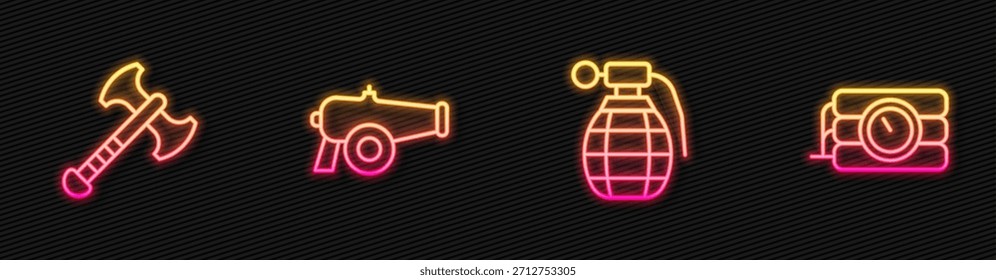 Set-Linie Handgranate, Kriegsaxt, Kanone und Dynamit Zeitschaltuhr. Leuchtendes Neonsymbol. Vektorgrafik