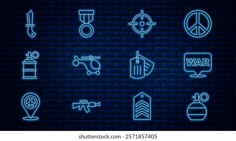 Set line Hand grenade, The word war, Target sport, Helicopter, smoke, Military knife, dog tag and reward medal icon. Vector