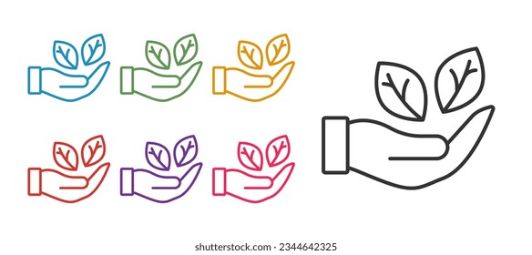 Set line Hand hold a leaf of the plant icon isolated on white background. Care nature. Leaf shoots with environmental protection. Set icons colorful. Vector