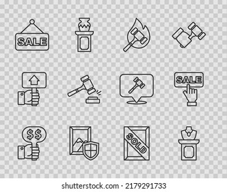 Set line Hand holding auction paddle, Auction jewelry sale, hammer, painting, Price tag with Sale, sold and  icon. Vector