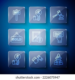 Set line Hand holding auction paddle, Auction hammer, auctioneer sells, painting, sold,  and Bid icon. Vector