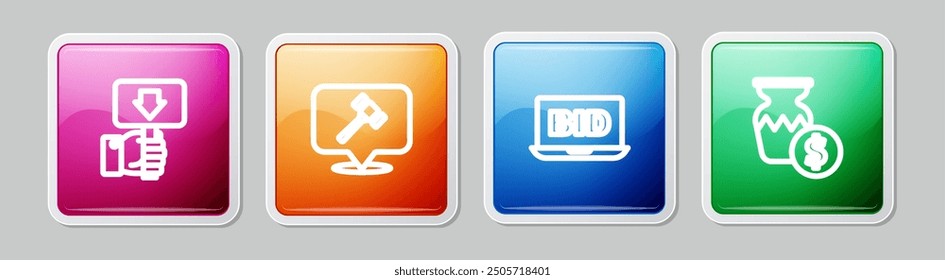 Set line Hand holding auction paddle, Auction hammer, Online and ancient vase. Colorful square button. Vector
