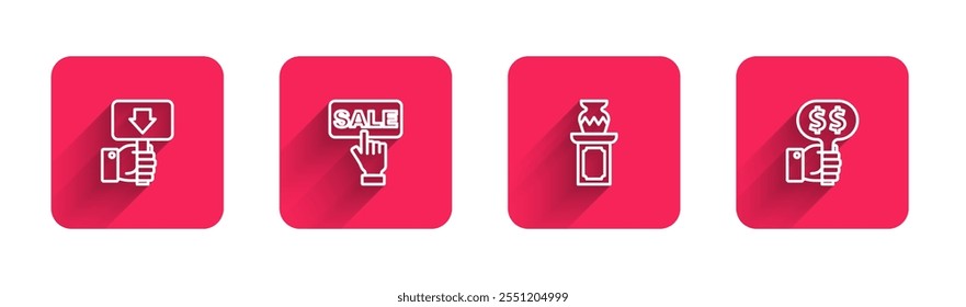 Set line Hand holding auction paddle, Price tag with Sale, Auction ancient vase and  with long shadow. Red square button. Vector