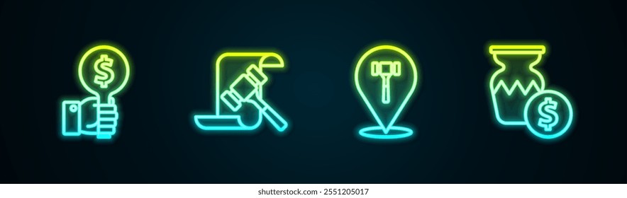 Set line Hand holding auction paddle, Auction hammer,  and ancient vase. Glowing neon icon. Vector