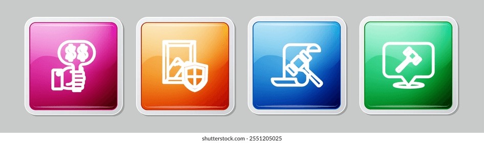 Set line Hand holding auction paddle, Auction painting, hammer and . Colorful square button. Vector