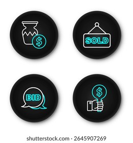Set line Hand holding auction paddle, Bid, Auction sold and ancient vase icon. Vector
