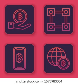 Set line Hand holding Bitcoin, Phone mobile and cryptocurrency coin Bitcoin, Blockchain technology and Globe and cryptocurrency coin Bitcoin. Blue square button. Vector