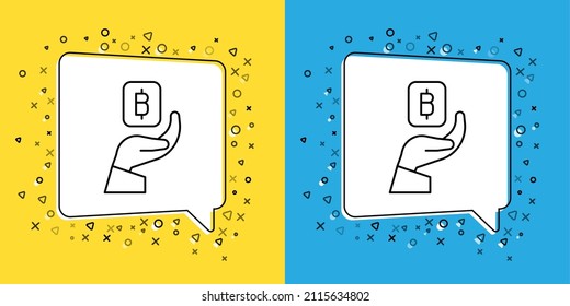 Set line Hand holding Bitcoin icon isolated on yellow and blue background. Blockchain technology, digital money market, cryptocoin wallet.  Vector