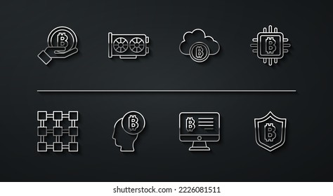 Set line Hand holding Bitcoin, Blockchain technology, CPU mining farm, Mining bitcoin from monitor, think, Video graphic card, Shield with and Cryptocurrency cloud icon. Vector