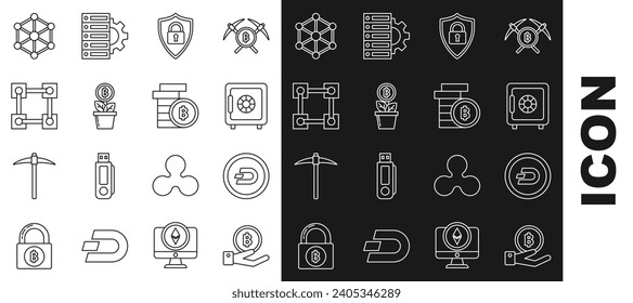 Set line Hand holding Bitcoin, Cryptocurrency Dash, Safe, Shield security with lock, plant the pot, Blockchain technology,  and  icon. Vector