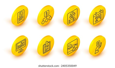 Set line Hand holding Bitcoin, Failure stocks market, Business finance report, Computer with growth graph, Calendar, Pie chart infographic, Blockchain technology and  icon. Vector